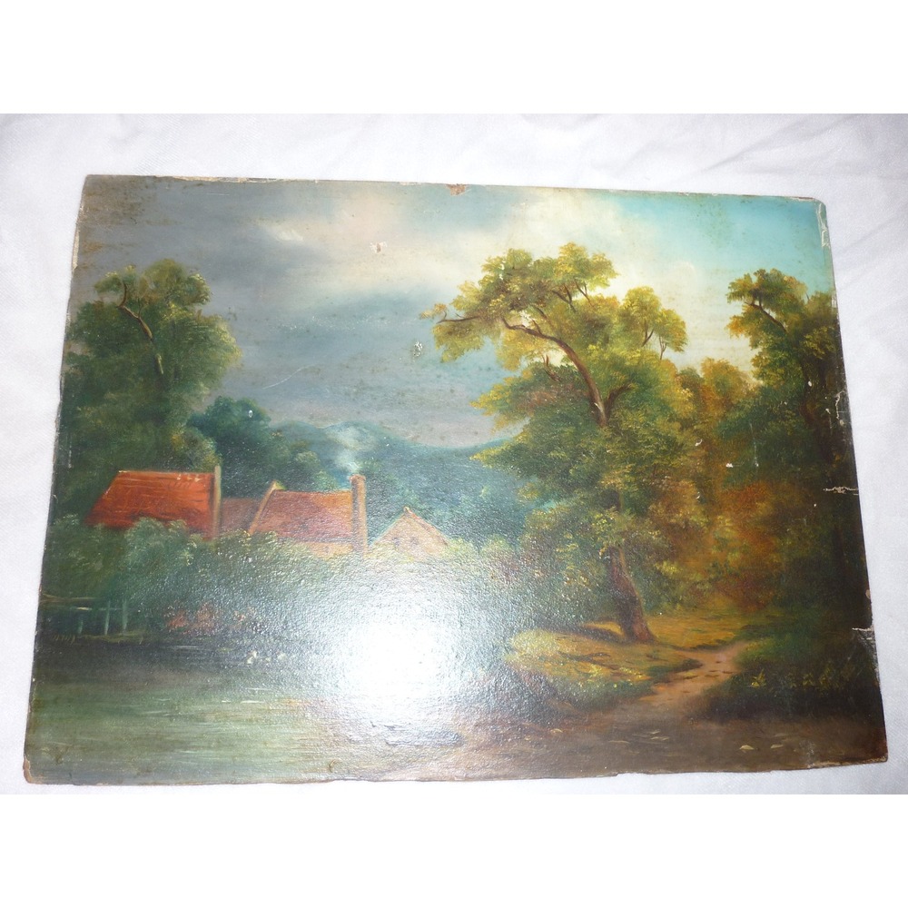 Antique Oil Landscape Painting Rustic Countryside Village River Scene Art 9x12"